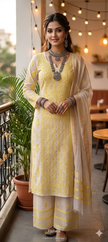 Yellow Chikankari Unstitched Kota Kurta And Dupatta With Sequins Katdana And Pearl Work