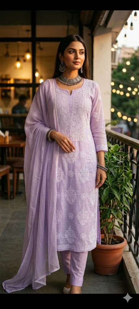 Lavender Chikankari Unstitched 3 Piece Suit Length