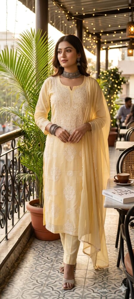 Yellow Chikankari Unstitched 3 Piece Suit Length