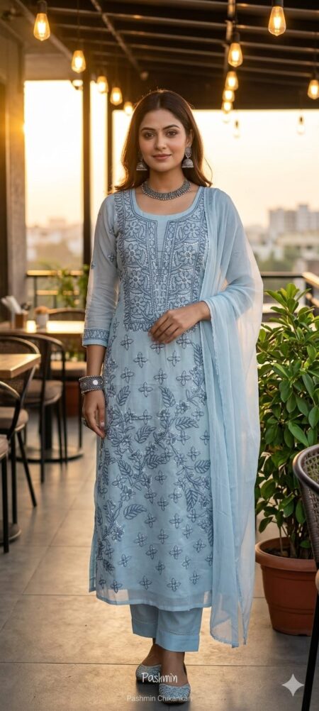 Grey Chikankari Unstitched Dual Tone 3 Piece Suit Length