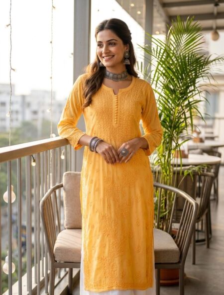 Mustard 3D Chikankari Viscose Kurta