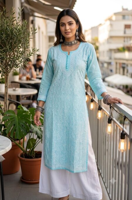 Sky Blue Chikankari Voile Cotton Jaal Work Kurta