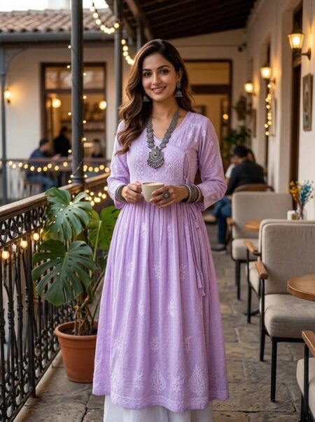 Purple Chikankari Dobby Cotton Angrakha Kurta Gown