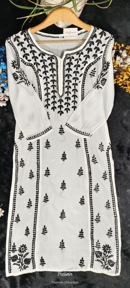 White Chikankari Black Embroidery Muslin 3 Panel Kurta
