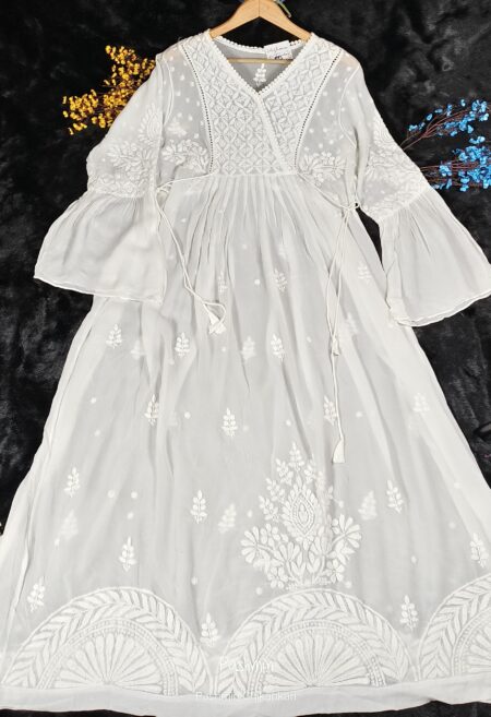 White Chikankari Viscose Angrakha Style Gown