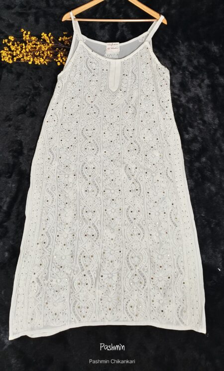 White Chikankari Viscose Noodle Strap Kurta With Mukaish Work