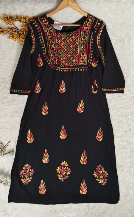 Black Chikankari Cotton Multi Color Angrakha Style Kurta