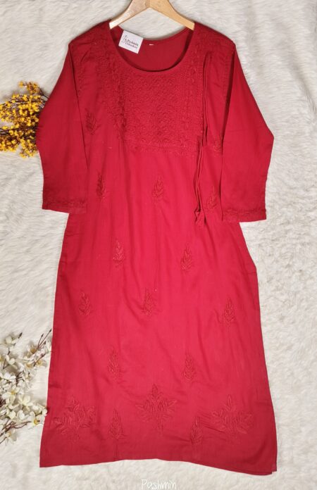 Maroon Chikankari Tone To Tone Angrakha Style Cotton Kurta