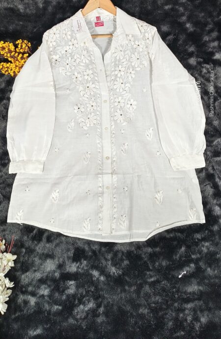 White Chikankari Chanderi Shirt With Tikli Mukaish