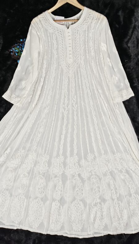 White Chikankari Viscose Shadow Work 28Kali Anarkali Gown