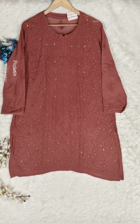 Brown Chikankari Viscose Shadow Work Top With Tikli Mukaish