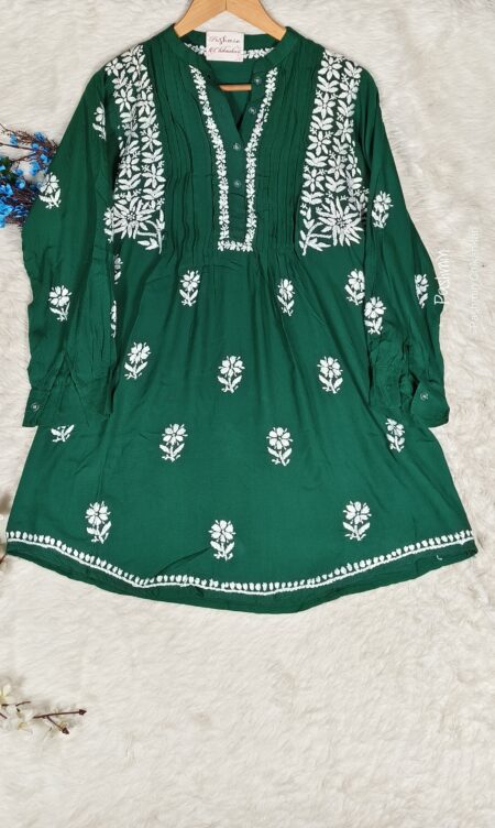 Bottle Green Chikankari Modal Cotton Pintex Shirt