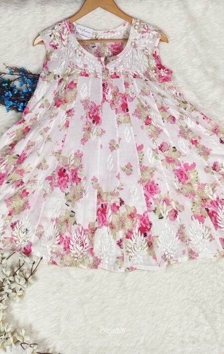 White Chikankari Mulcotton Printed Sleeveless Peplum Top