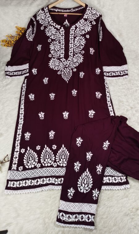 Wine Chikankari Modal Cotton Border Lace Kurta Pant Set