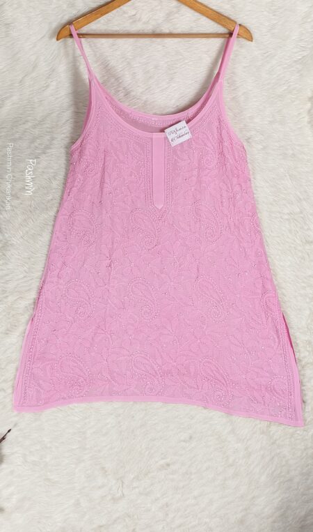 Pink Chikankari Viscose Noodle Strap Shadow Work Top
