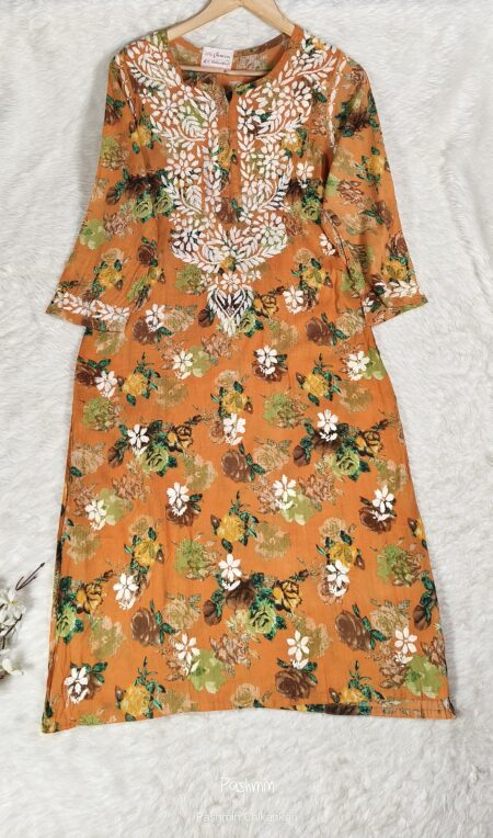 Rust Chikankari Cotton Printed Kurta