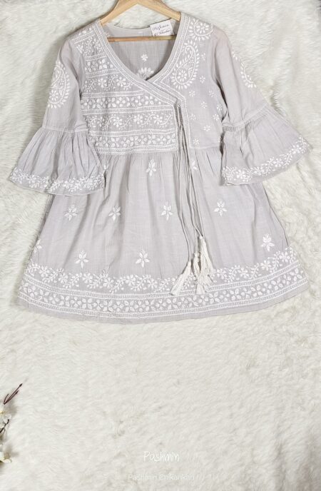 Grey Chikankari Mulcotton Angrakha Style Top
