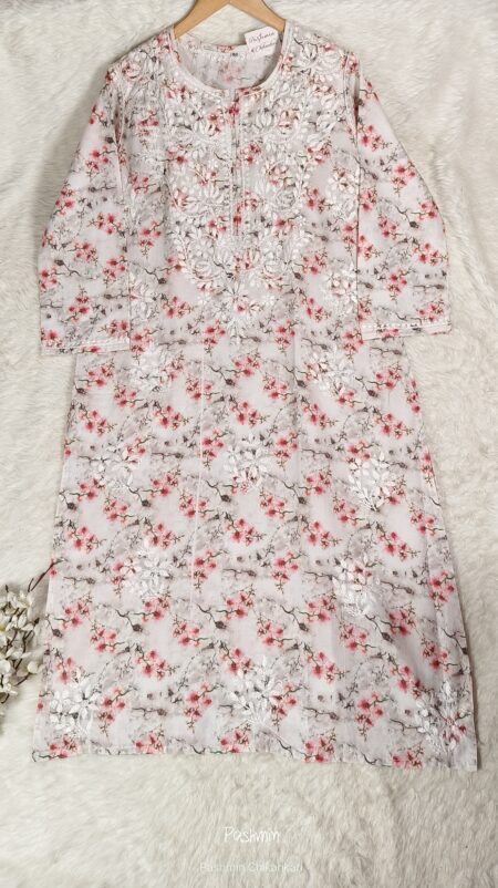 Off White Chikankari Cotton Pink Print Kurta
