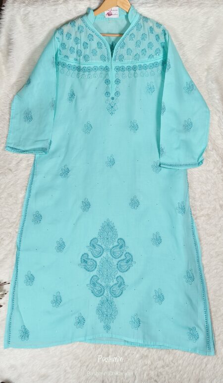 Ferozi Blue Chikankari Voile Cotton Plus Size Kurta With Mukaish Work