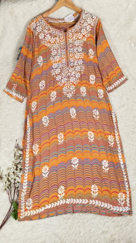 Orange Chikankari Multi Color Cotton Printed Kurta