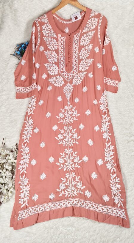 Peach Chikankari Modal Cotton Heavy Daman Kurta