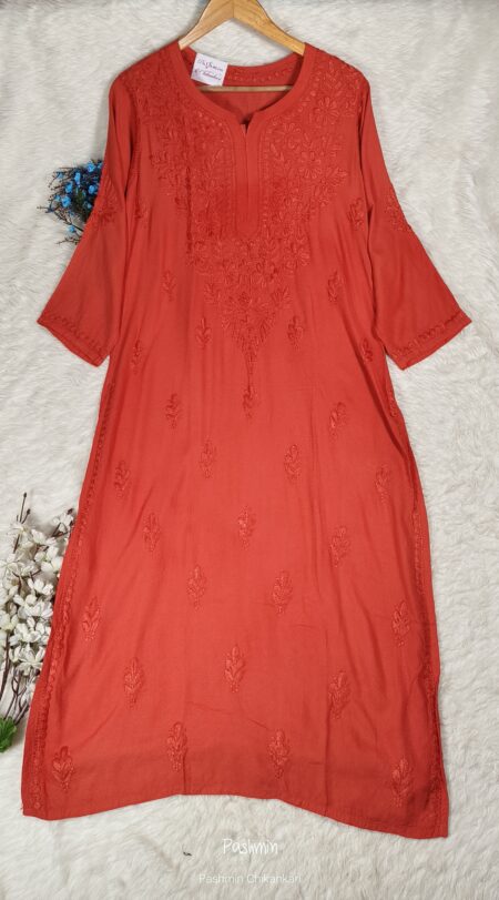 Orangish Red Chikankari Modal Dobby Tone To Tone Cotton Kurta