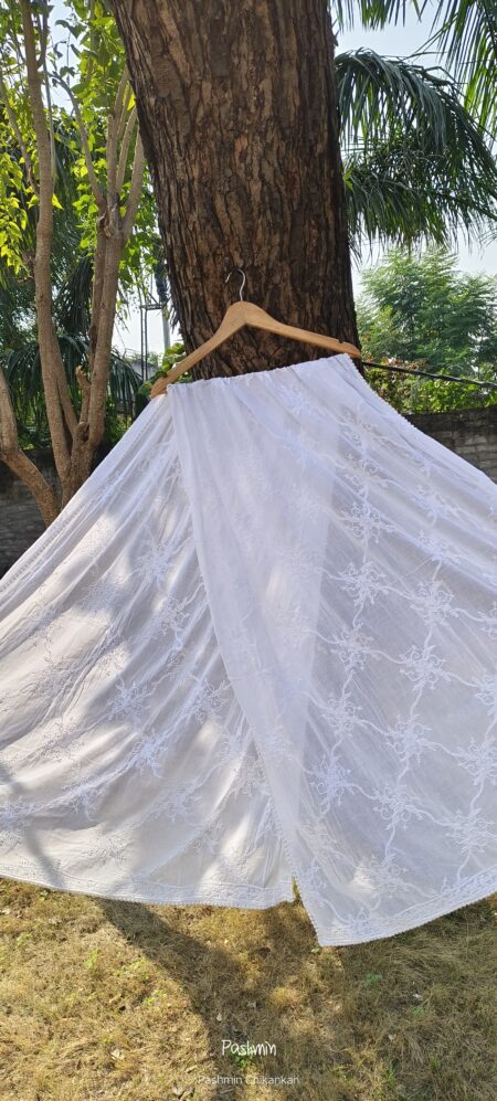 White Chikankari Cotton Criss Cross With Lace Border Dupatta