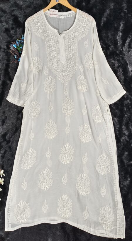 White Chikankari Muslin With Resham Dhaga Work Kurta