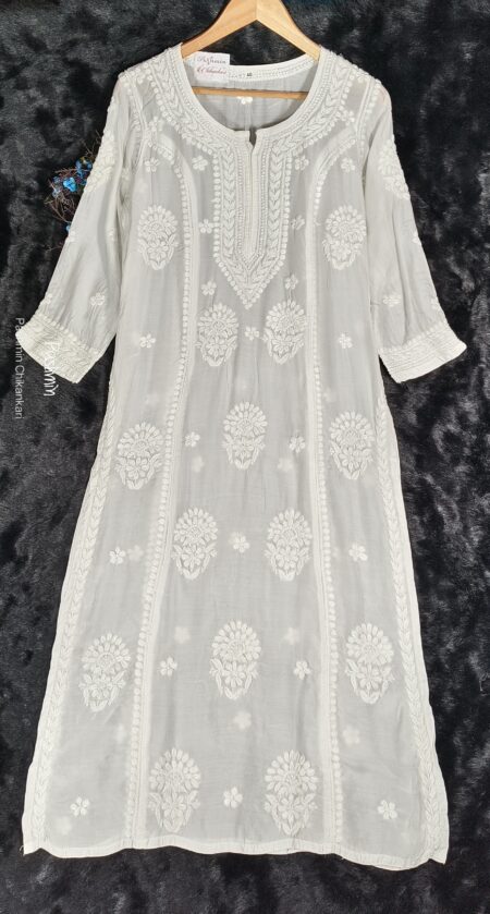 White Chikankari 3D Work Muslin 3 Panel Kurta