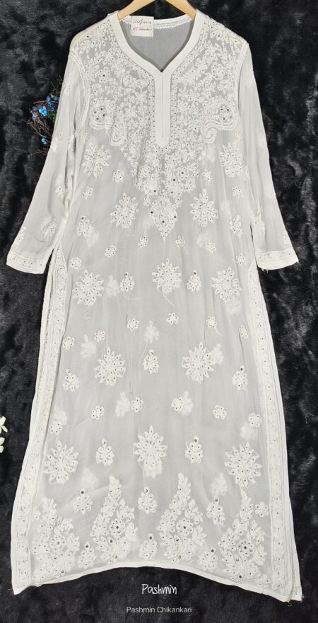 White Chikankari Viscose Tikli Mukaish Work Long Kurta
