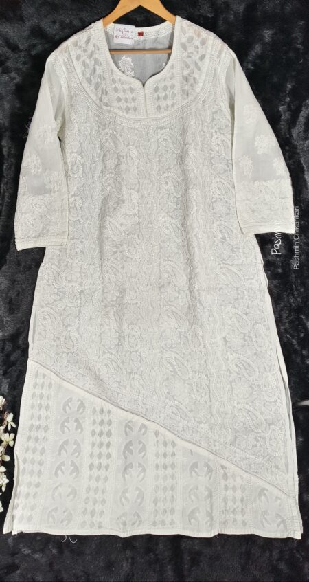 White Chikankari Voile Cotton Applique Work Plus Size Kurta