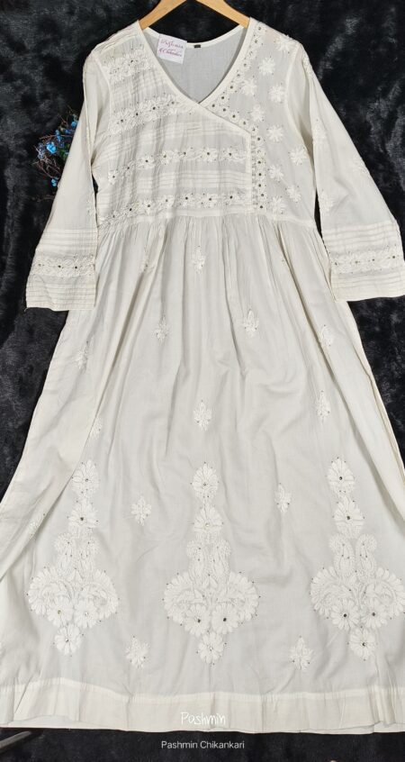 White Chikankari Cotton Angrakha Style Gown With Mukaish Work