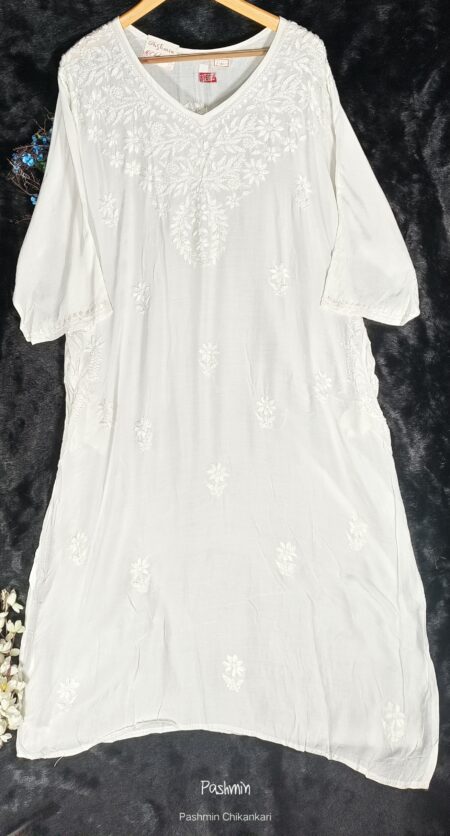 White Chikankari Muslin Plus Size Kurta With Pockets