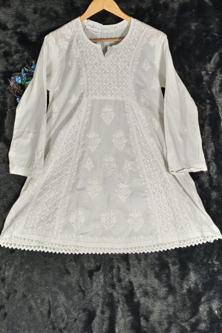 White Chikankari Peplum Cotton Top With Border Lace Work