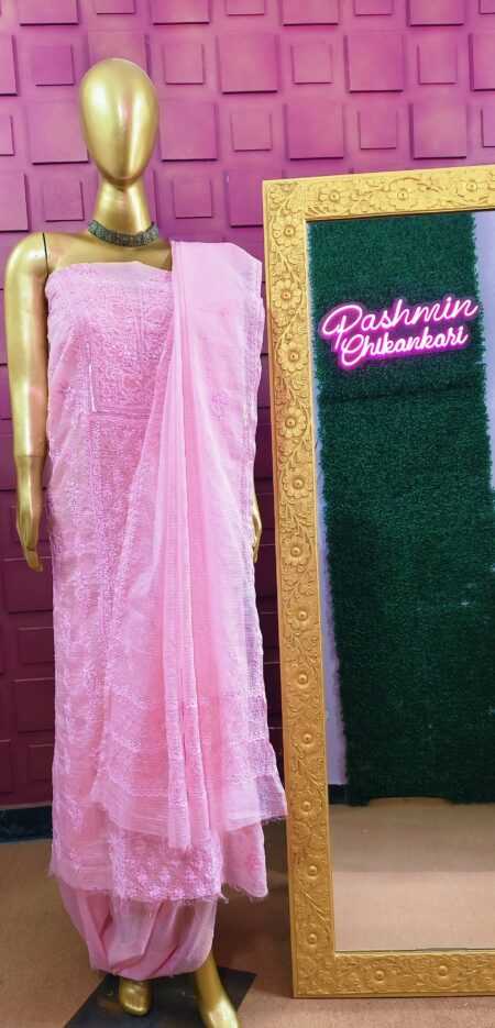 Pink Chikankari Unstitched Kota Kurta And Dupatta With Sequins Katdana And Pearl Work
