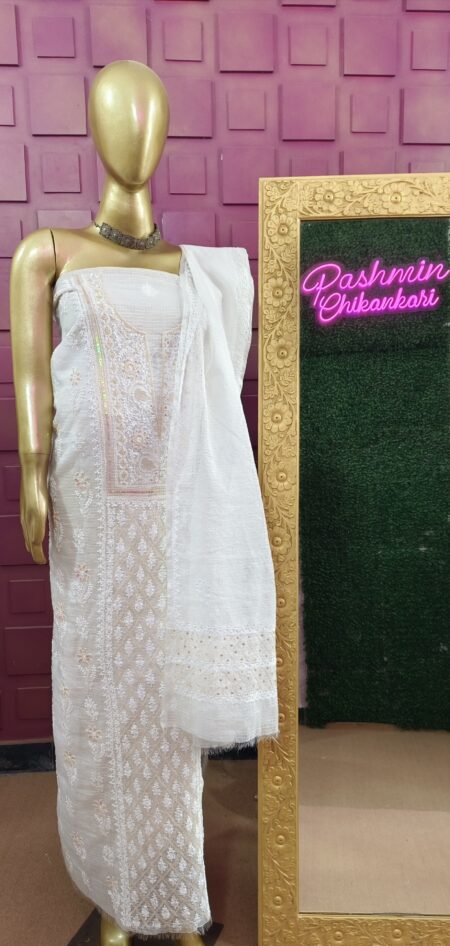 White Chikankari Unstitched Kota Kurta And Dupatta With Sequins Katdana And Pearl Work