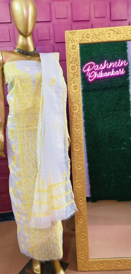 Yellow Chikankari Unstitched Kota Kurta And Dupatta With Sequins Katdana And Pearl Work