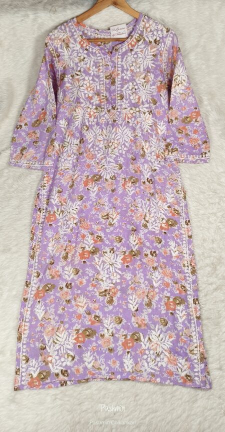 Purple Chikankari Cotton Printed Kurta