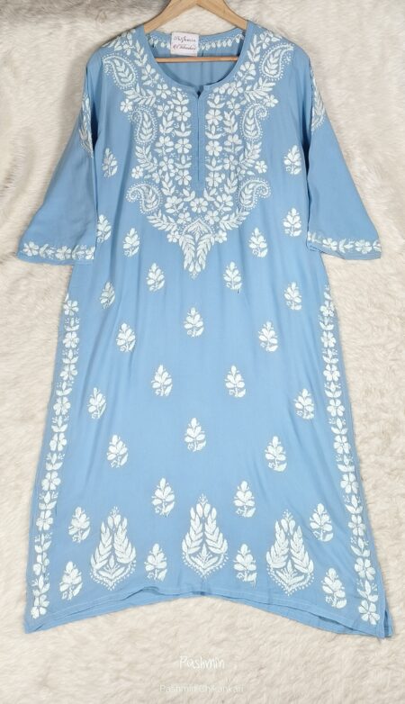 Powder Blue Chikankari Modal Cotton Long Kurta