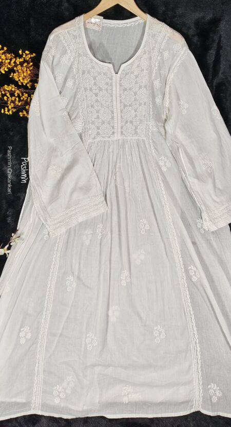 White Chikankari Cotton Semi- Unstitched A-Line Kurta