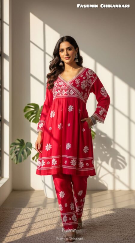 Chikankari Angrakha Style Modal Cotton Co-Ord Set