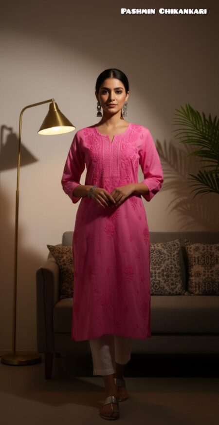 Pink Chikankari Crotia Neck Cotton Kurta