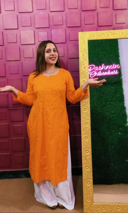 Orange Chikankari Dobby Cotton Kurta