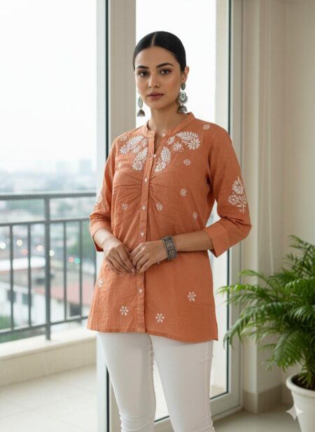Copper Chikankari Dobby Cotton Shirt