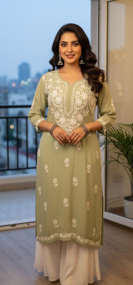 Green Chikankari Modal Cotton Plus Size Long Kurta
