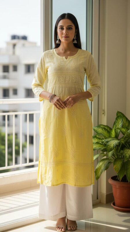 Chikankari Mid Lace Tone To Tone Ombre Shade Cotton Kurta