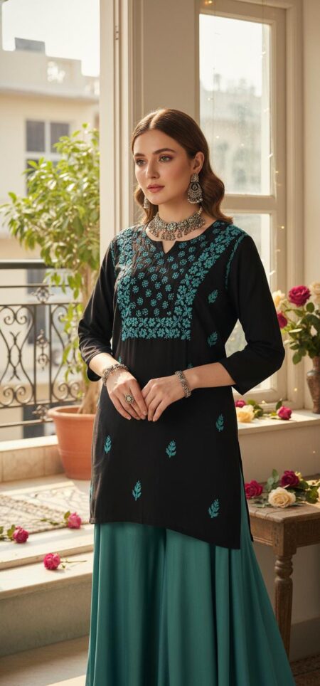 Black Chikankari Cotton Top With Blue Embroidery