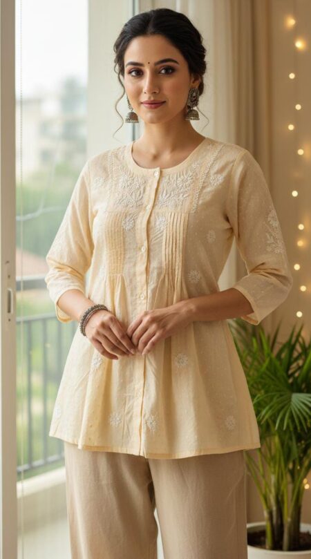 Cream Chikankari Dobby Cotton Pintex Work Shirt