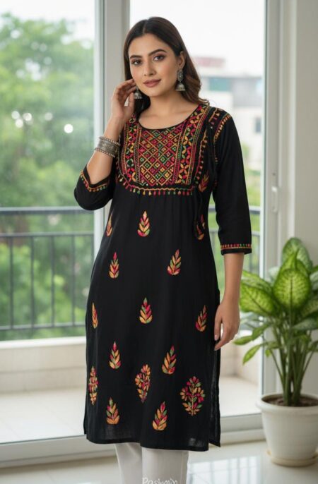 Black Chikankari Cotton Multi Color Angrakha Style Kurta