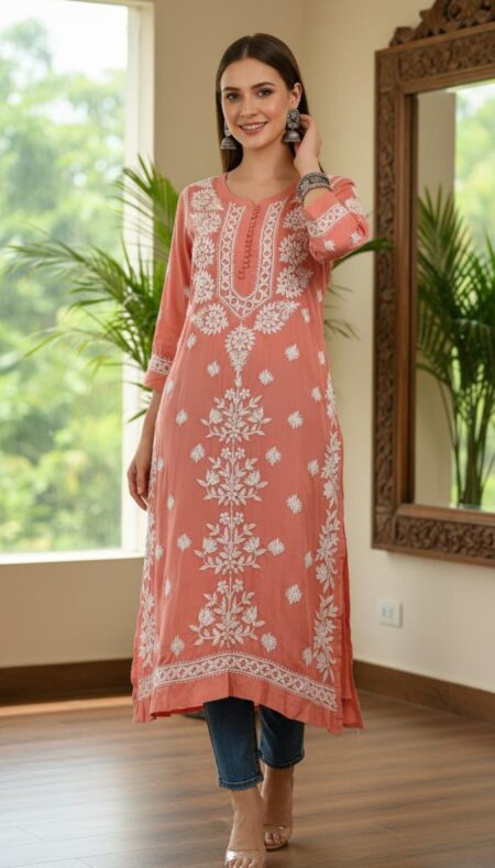 Peach Chikankari Modal Cotton Heavy Daman Kurta